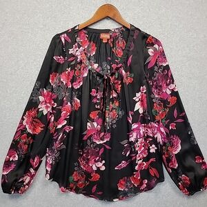 KIRNA ZABETE for Target Black Pink Floral Satin Long Sleeves Neck Tie Blouse M